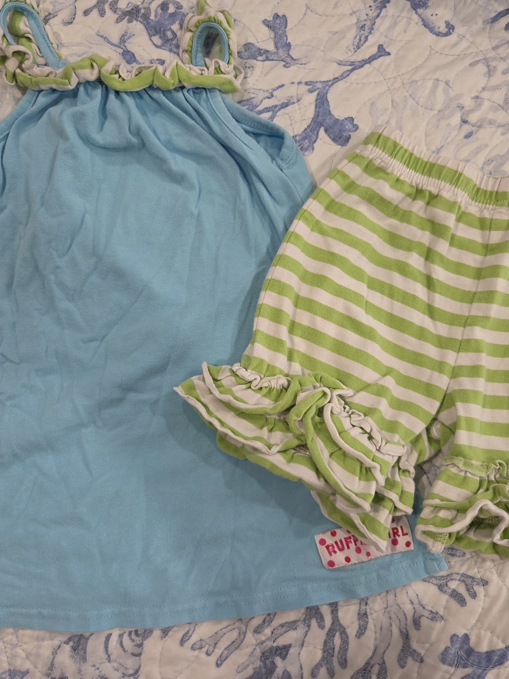 Light Blue Tank Top with Green Striped Ruffle Shorts - Kids